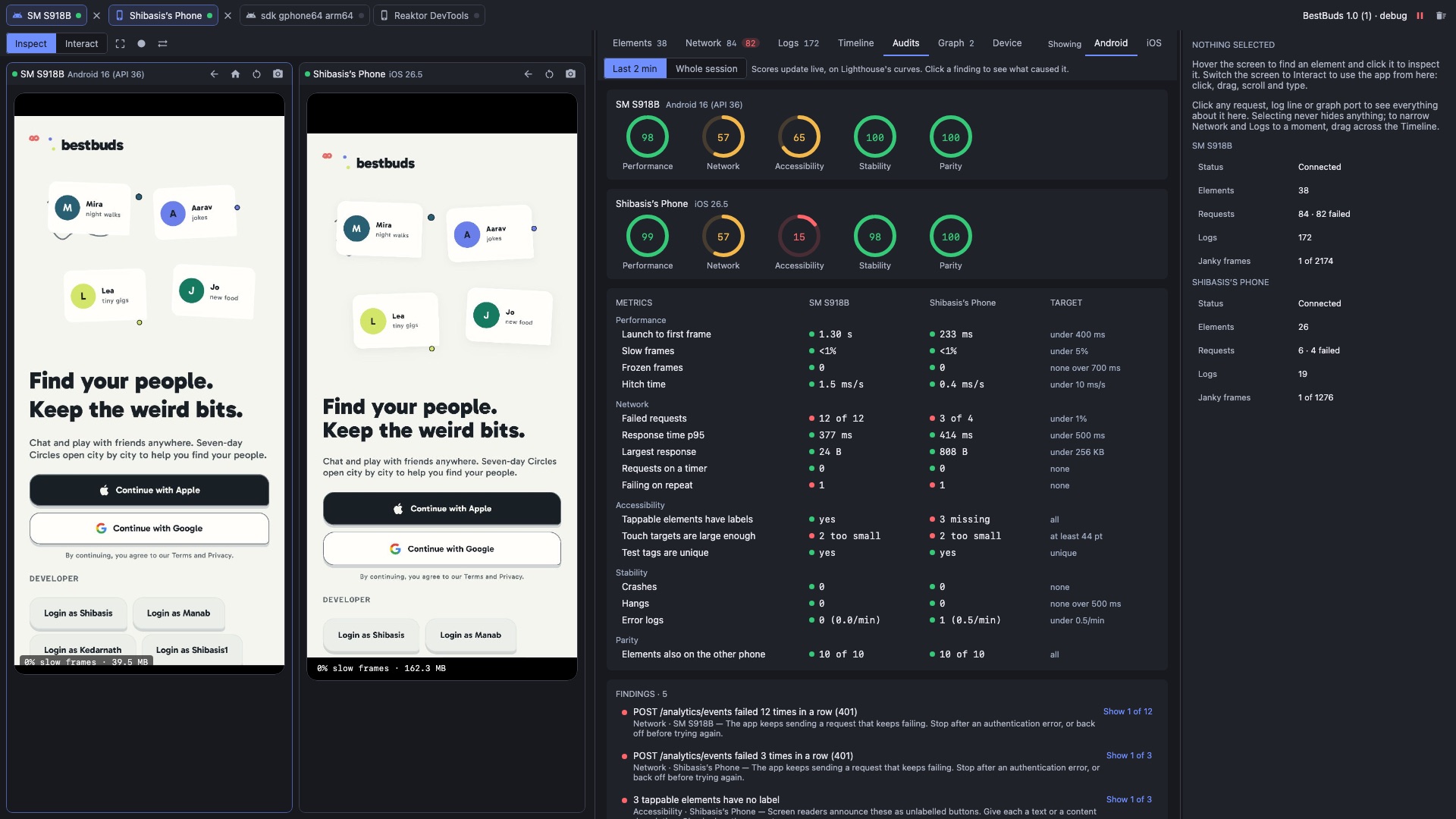 Audits for both phones side by side: score rings per category, a metrics table, and findings.