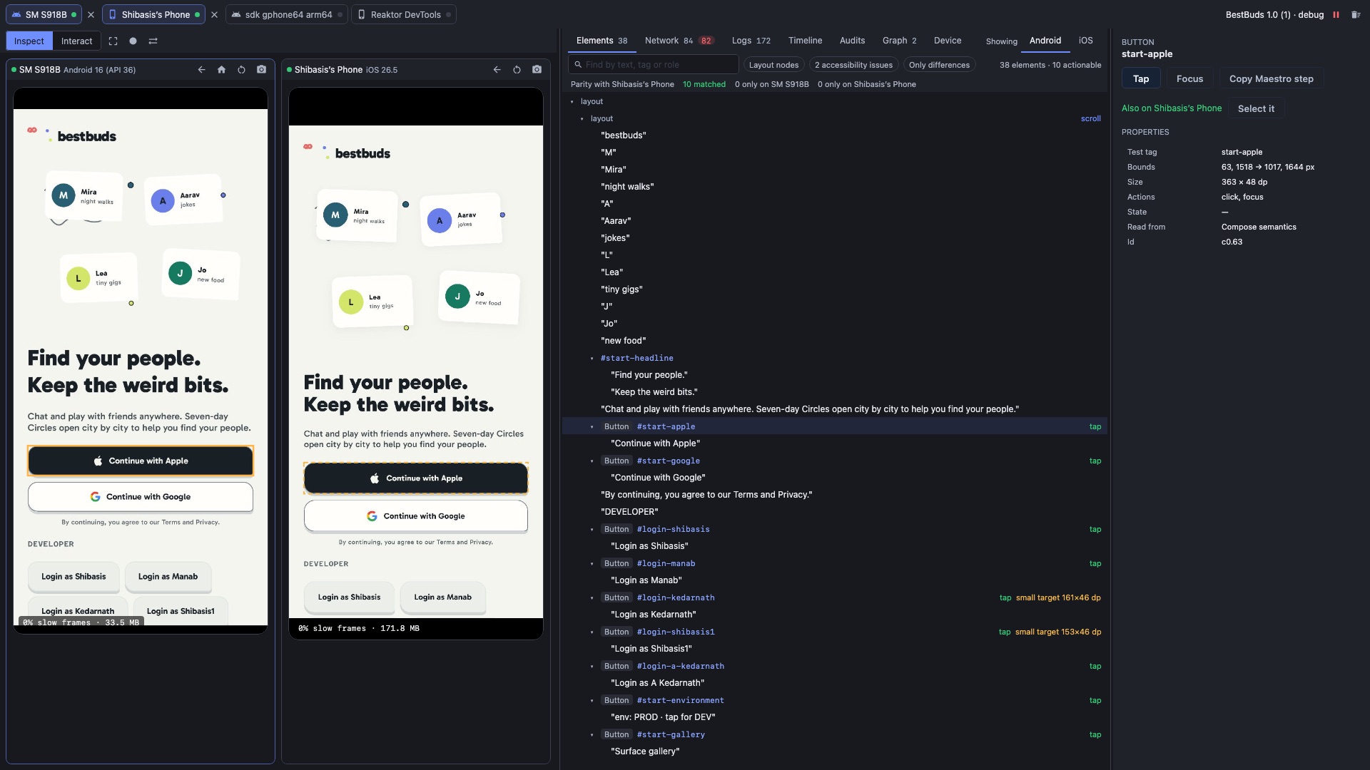 The DevTools pane with the Galaxy and the iPhone mirrored side by side. The selected button is outlined on the Galaxy and its match is dashed on the iPhone.