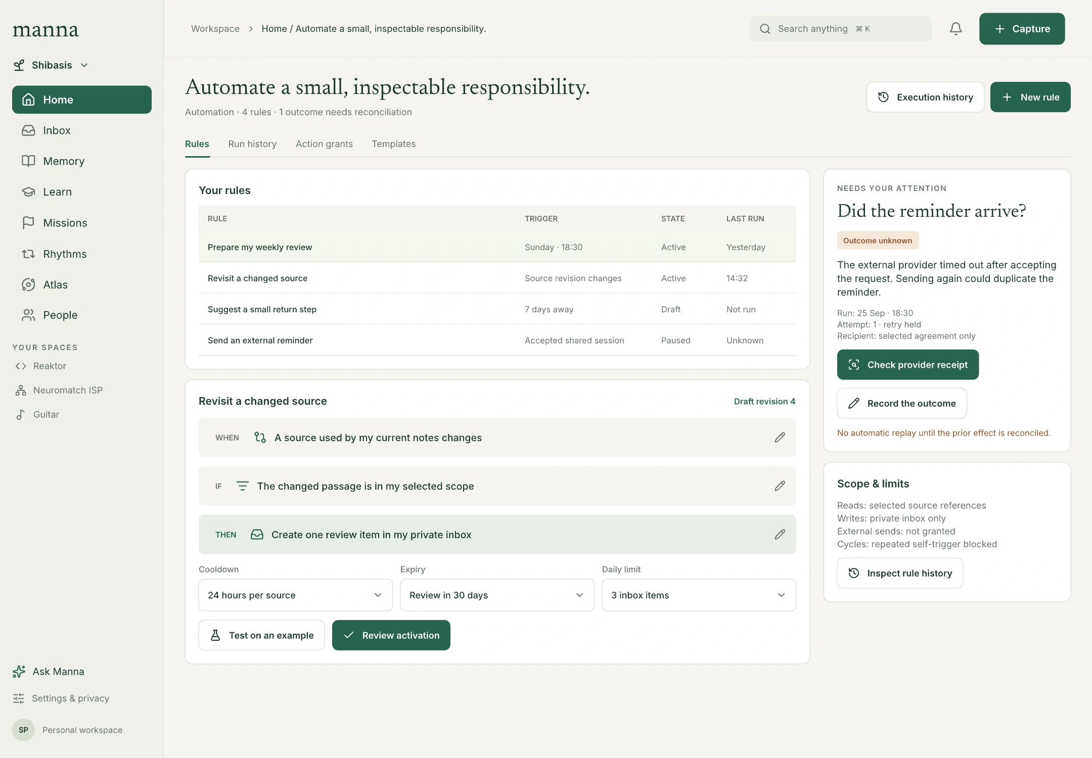 Automation rules, visual composition, scope limits and an outcome requiring reconciliation.
