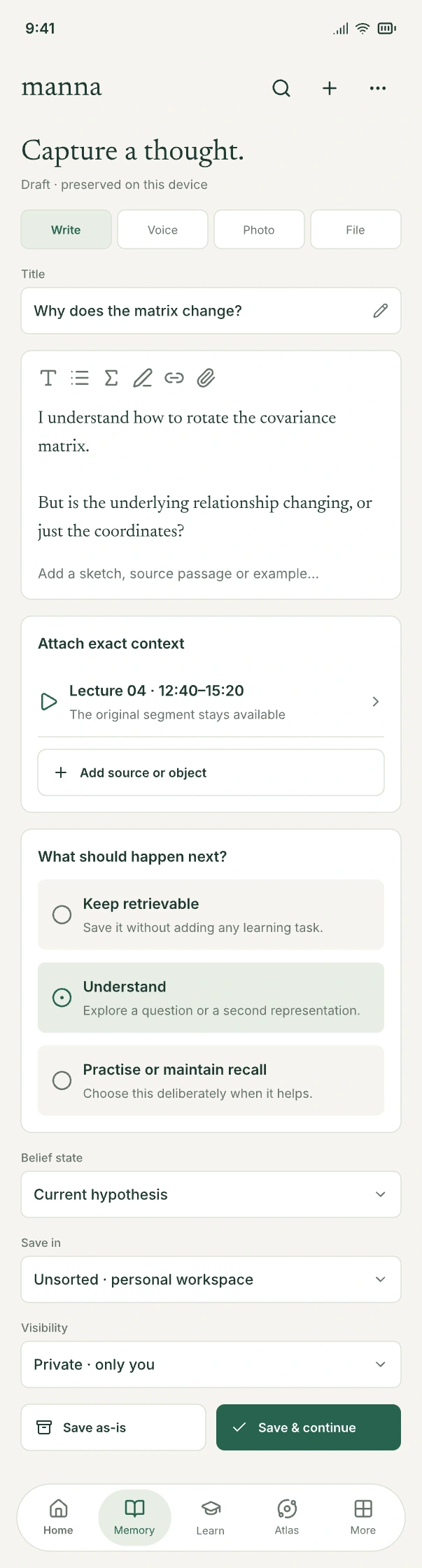Mobile capture editor with exact context, treatment, privacy and save actions.