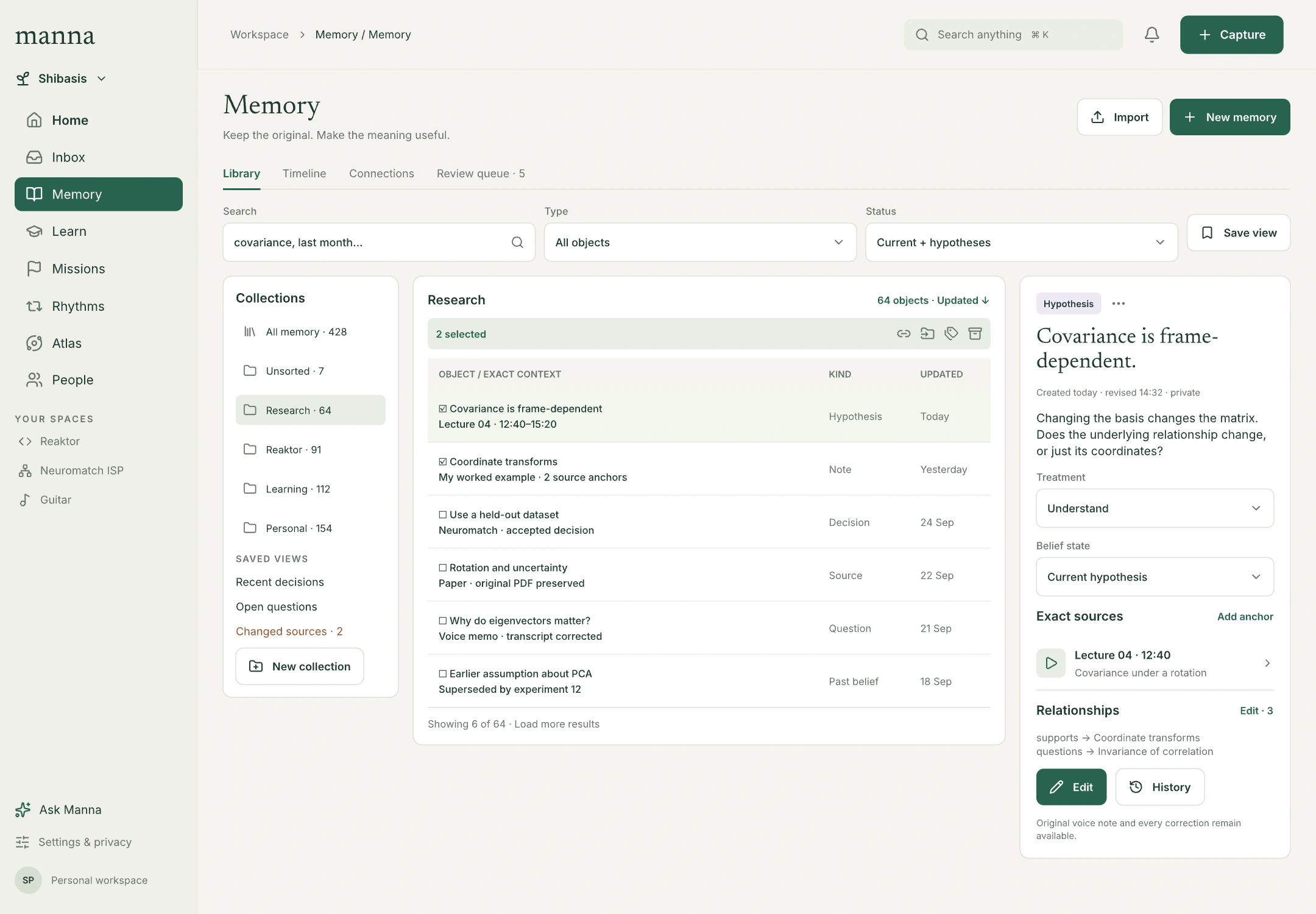Desktop Memory with collections, bulk actions, records and an object inspector.
