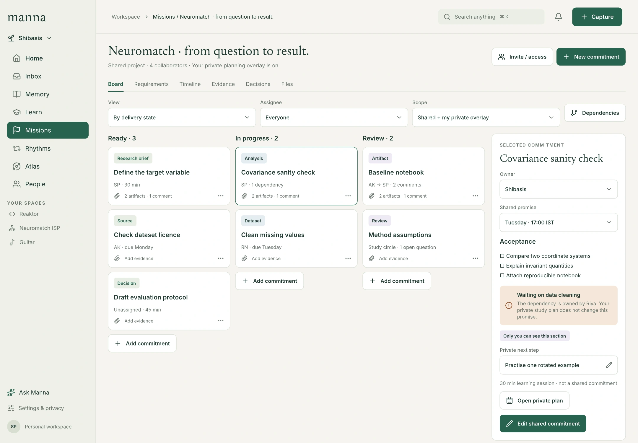 Project board with lanes, dependencies, acceptance and a private planning overlay.