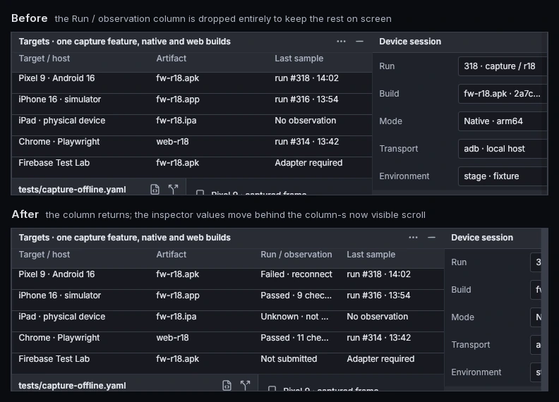 Devices at 1024 × 720 before and after: the Run / observation column returns.