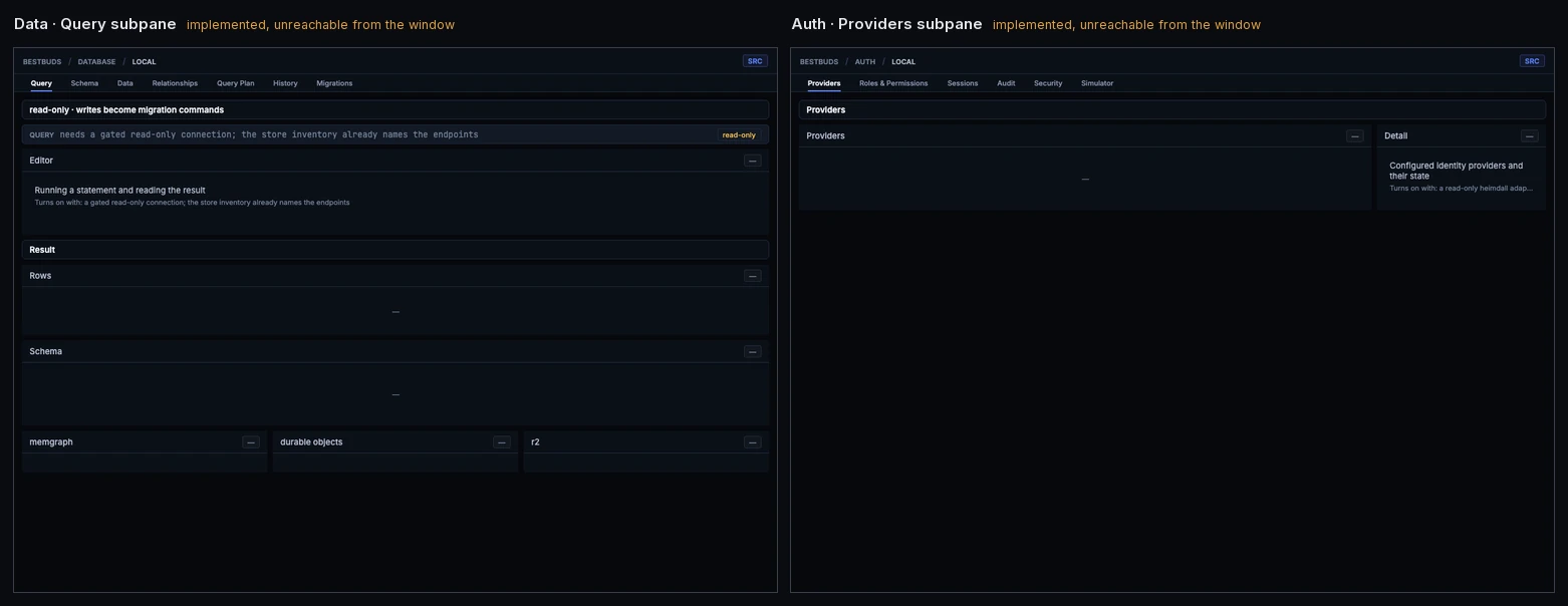 The Data Query and Auth Providers subpanes: implemented, and unreachable from the window.